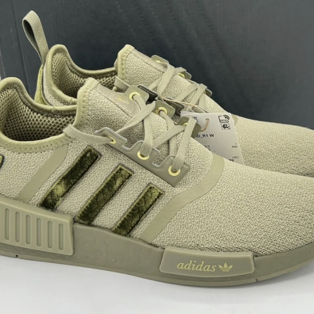 Women's Adidas Boost NMD_R1 Orbit Olive Green/Gold metallic shoes size 7.